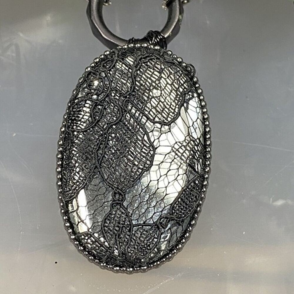 Hand Embellished Necklace eyeball bow, crystal lace pendant guitar pick beads - Picture 3 of 10